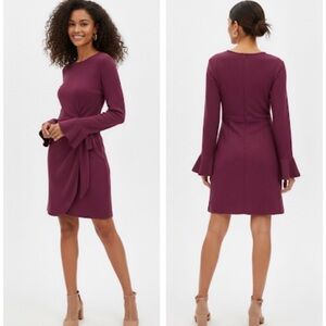 Elegant Red Midi Dress with Bell Sleeves and Tie Front‎